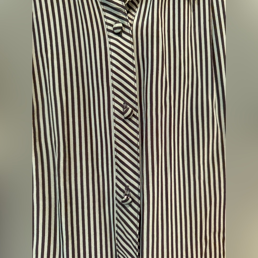 LANVIN Vintage Silk Dark Green Striped Long Sleeve Button Front Dress Size 10 - Picture 9 of 15